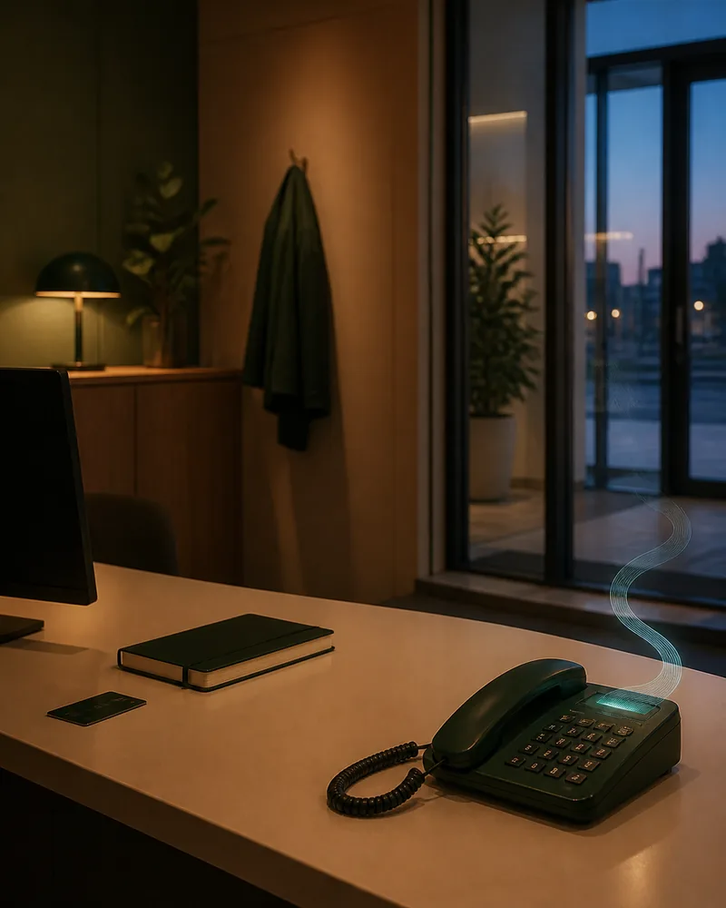 Un bureau au crépuscule : un plan de travail dégagé, un manteau au portemanteau, un poste téléphonique dont l’écran est allumé.