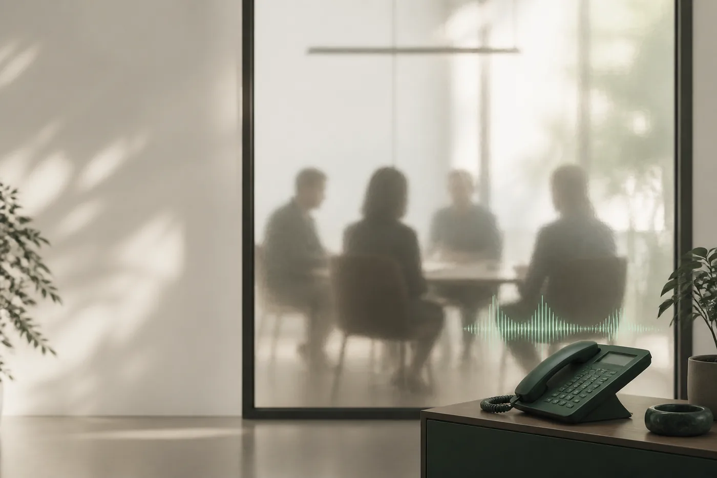 Un poste téléphonique posé devant une salle de réunion vitrée où quatre personnes discutent, floues derrière le verre dépoli.